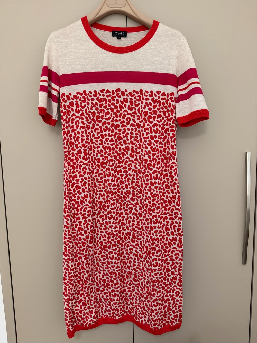Escada Red and White Short-Sleeve Midi Dress